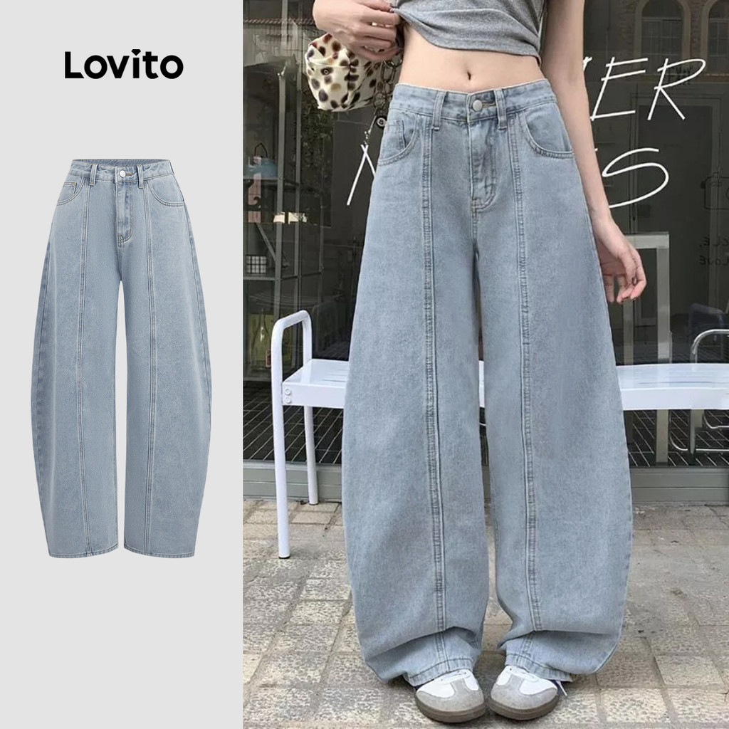 Lovito Jeans Azuis Claros de Textura Leve para Mulheres Estilo Casual Lavado pri