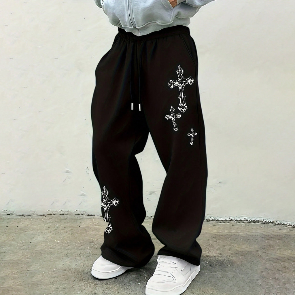 Calça Wide Leg Masculina Estampa Cruz Vintage | Calça Streetwear Hip Hop Style