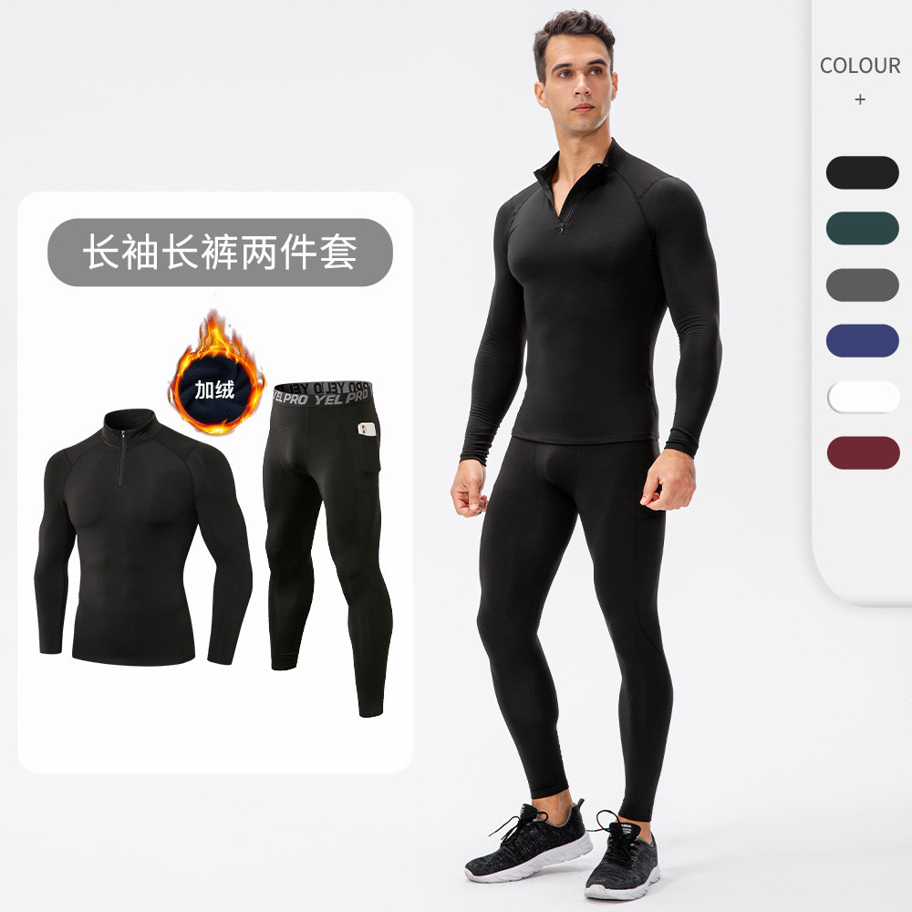 Homens outono inverno forro de lã quente terno de Fitness com zíper moletom gola manga longa calças de treinamento magro
