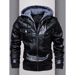 Haining Jaqueta masculina de couro com forro de lã Jaqueta de couro espessada com capuz Camisa de ciclismo Camisa de mot