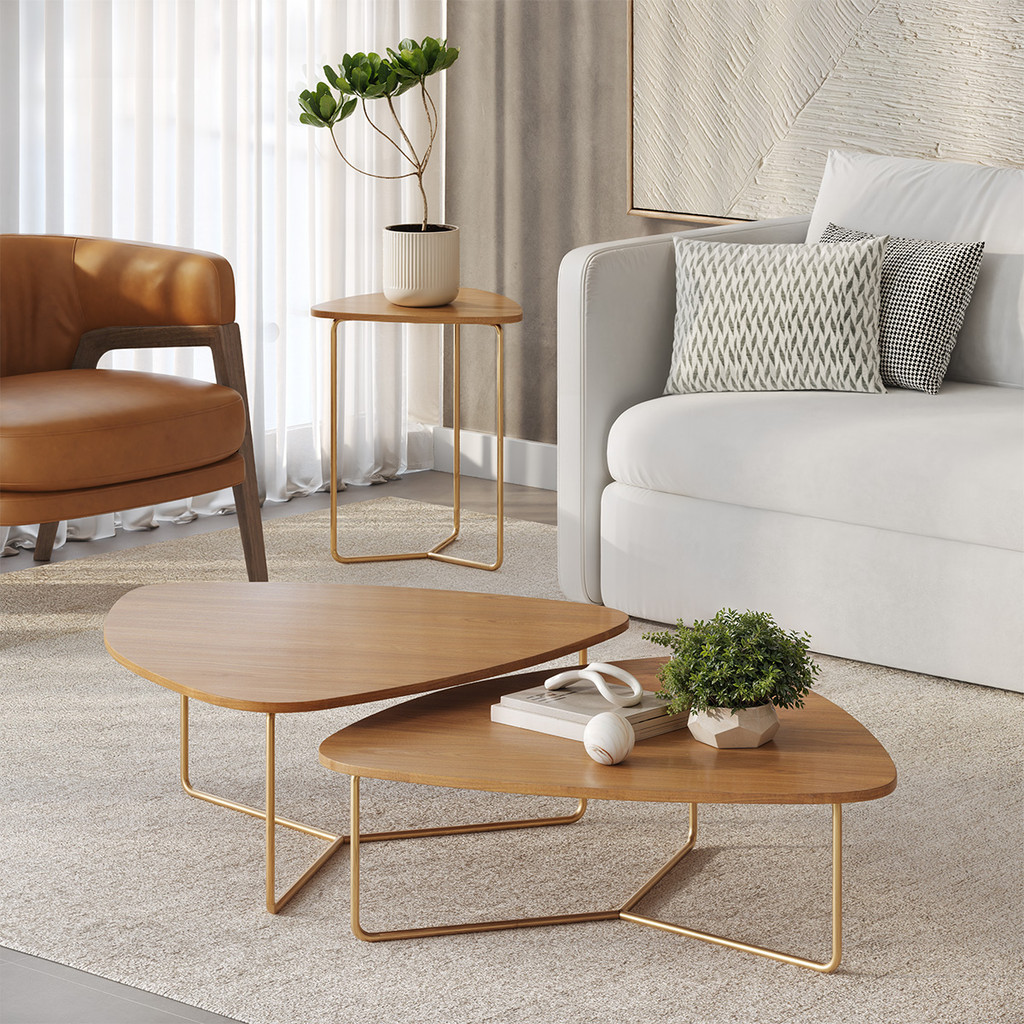 Kit de 3 Mesas De Centro e Lateral Orgânica Para Sala Dourada Moderna