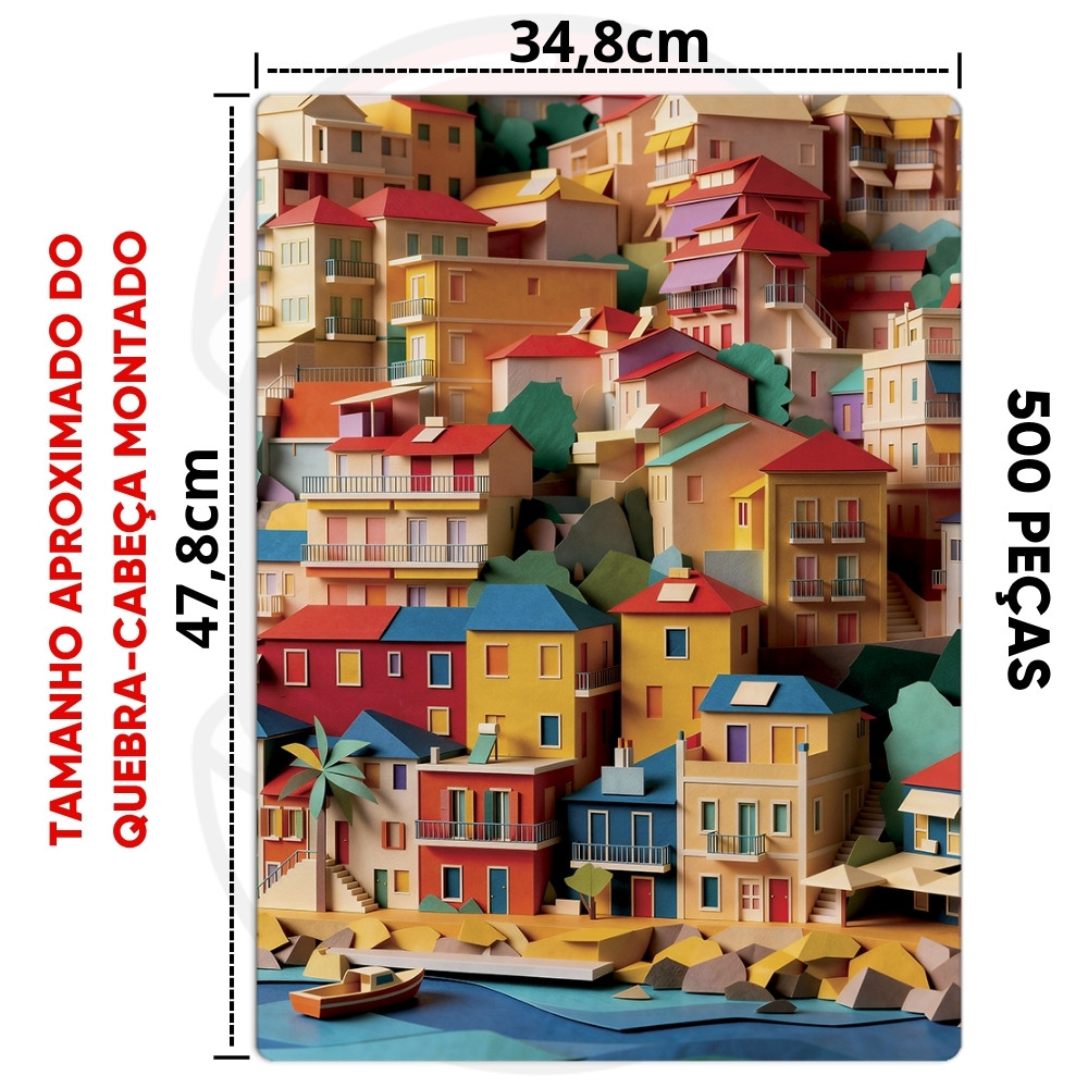 QUEBRA CABEÇA MANUALIDADES ARTE EM PAPEL 500 PEÇAS TOYSTER PUZZLE VILA MAR CASAS PRAIA ORIGÂMI IA · foto 2