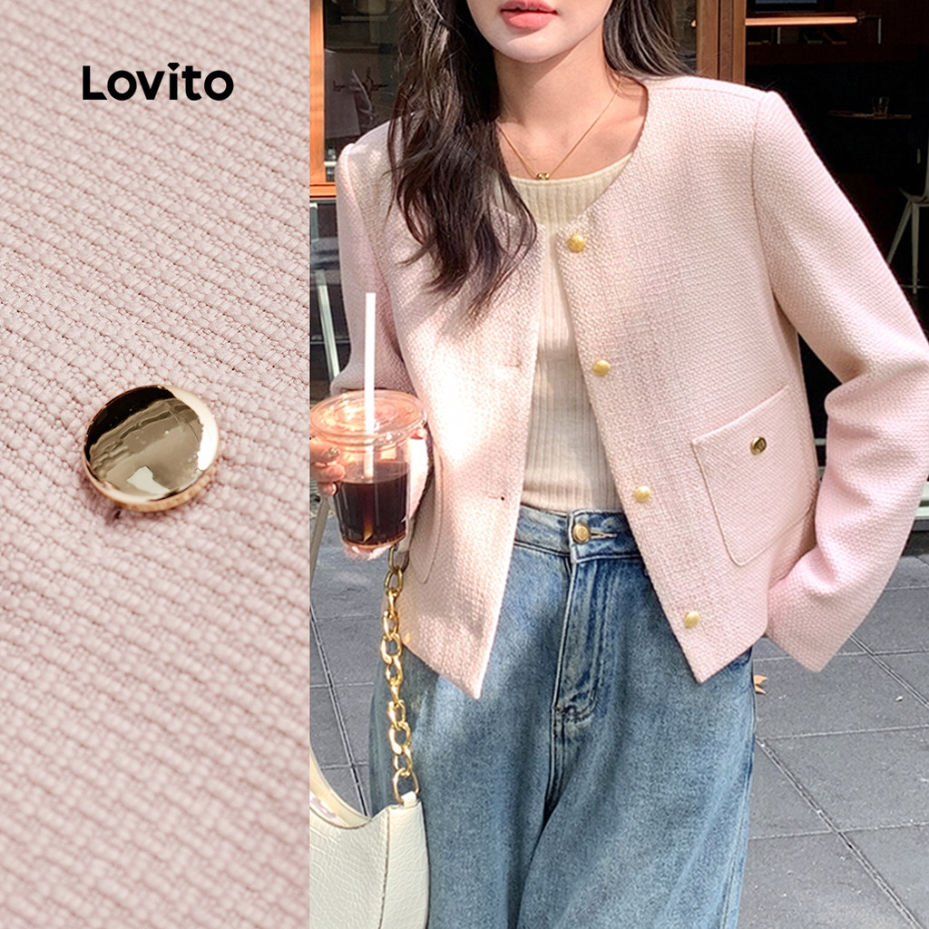 Lovito Elegant Jaqueta com Fivela de Bolso Molde para Outono/inverno Jaqueta Rosa para mulheres L156AD250