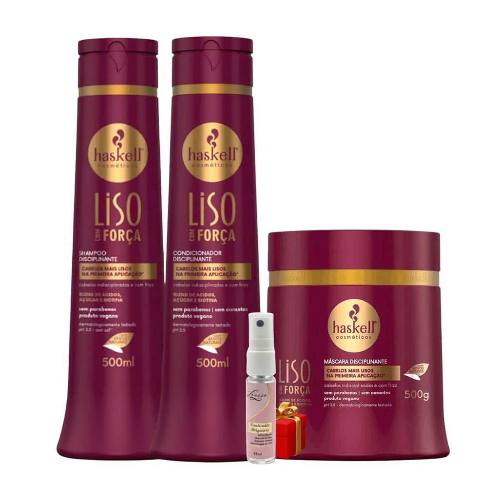 Kit Haskell Liso com Força Shampoo 500ML 1 Condicionador 500ML  1 Mascara 500ML + Presente Lourre 15ml