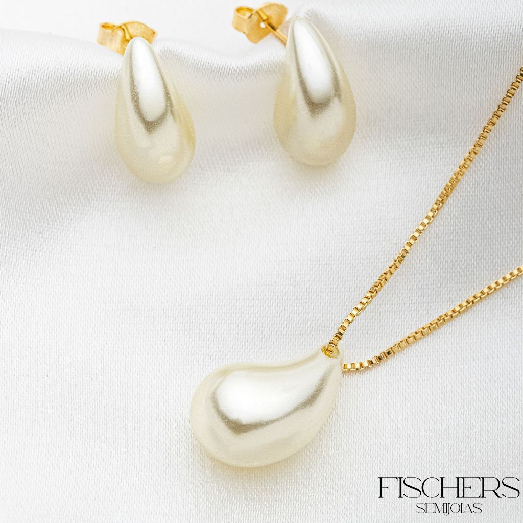 Conjunto Colar Pérola Gota e Brinco Pérola Gota Banhados a Ouro 18K - Fischer Semijoias