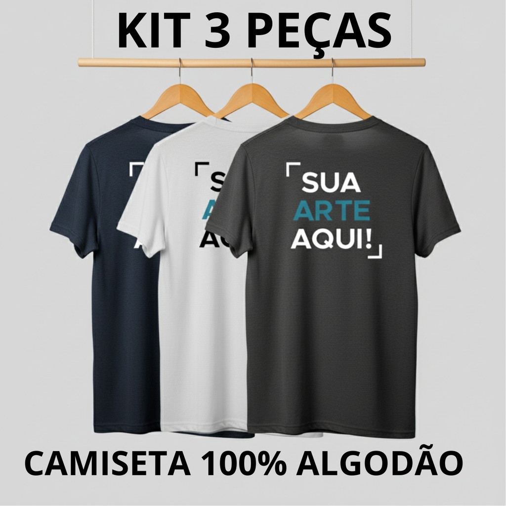 Kit 3 Camiseta Básica  Algodão Personallzada Empresa Estampa em Oferta na Shopee