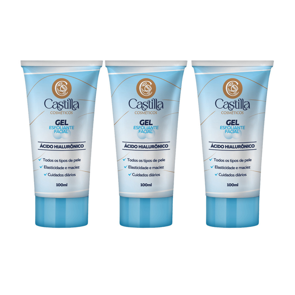 Kit 3x Gel Esfoliante Facial Castilla Ácido Hialurônico 100mL | Limpa, Hidrata e Renova