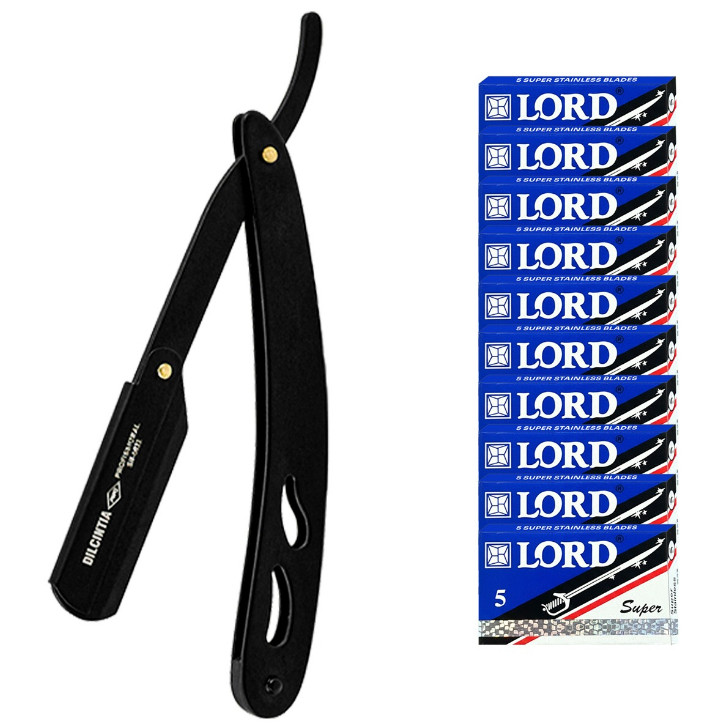 Navalha Profissional Preto  All Black Dilcintia + Kit 50 Lâminas Lord Super