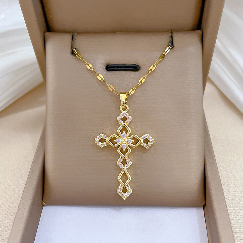 Colar de Zircônia Cruz de Aço de Titânio, Estilo Luxuoso Leve, Corrente Elegante para Clavícula