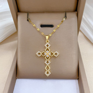 Colar de Zircônia Cruz de Aço de Titânio, Estilo Luxuoso Leve, Corrente Elegante para Clavícula