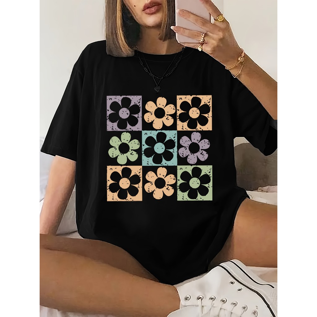 Camiseta Feminina Plus Size Floral Colorido Print Versátil Confortável Leve Estilosa Verão