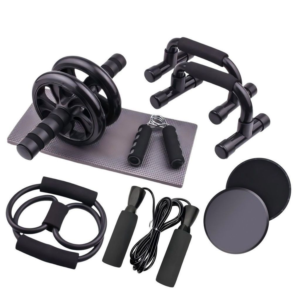 Kit Fitness 6 em 1 Roda Abdominal Flexão Corda Elástico Hand Grip Tapete Treino em Casa