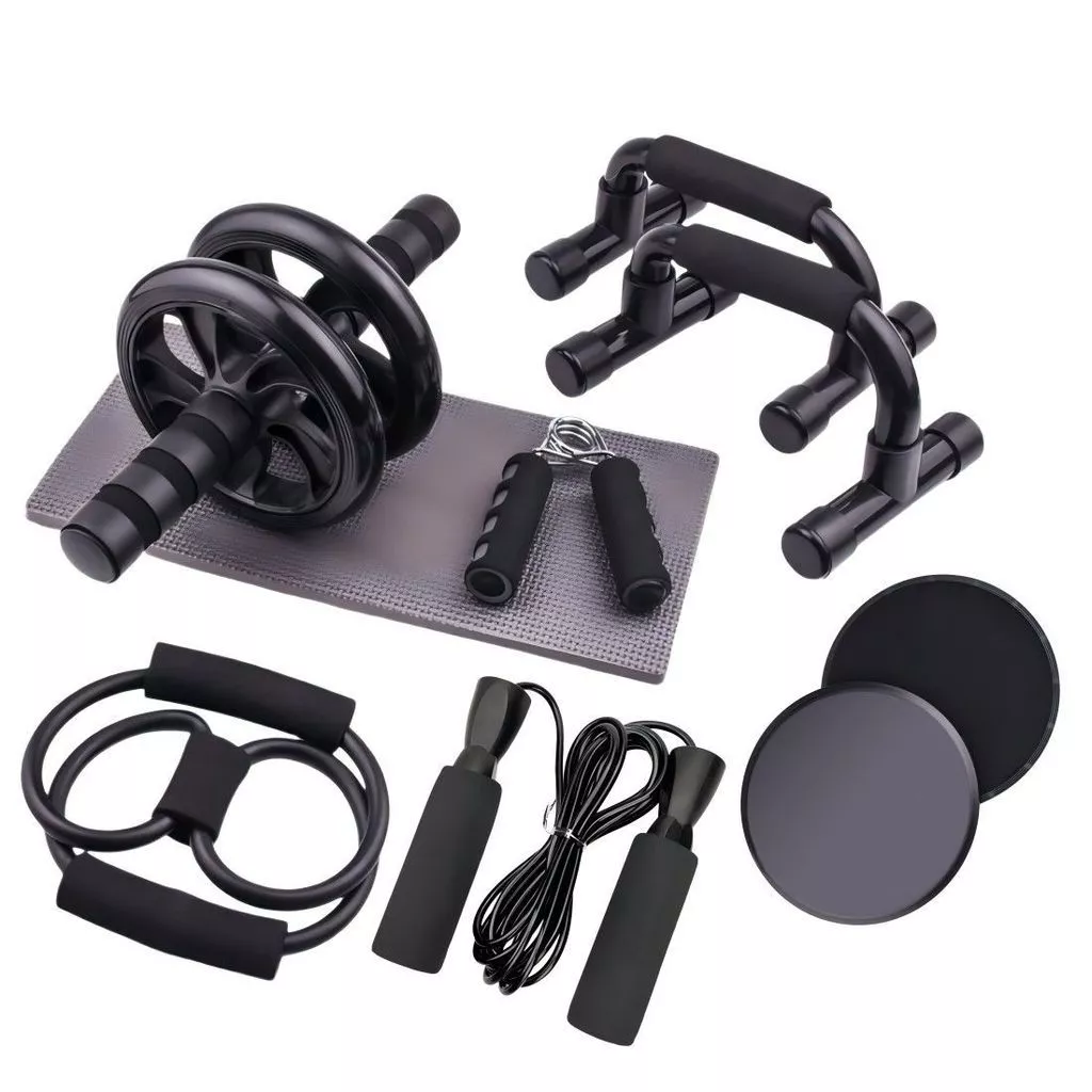 Kit Fitness 6 em 1 Roda Abdominal Flexão Corda Elástico Hand Grip Tapete Treino em Casa — imagem 1