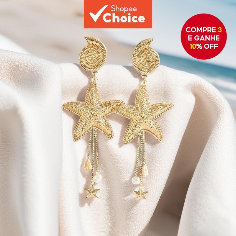 Tendência europeia e americana, personalidade versátil, brincos de conchas e estrelas do mar com franjas, estilo em Oferta na Shopee