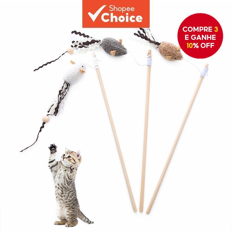 Gato de estimação brinquedo gato provocando vara de pelúcia forma de rato pólo de madeira provocando vara