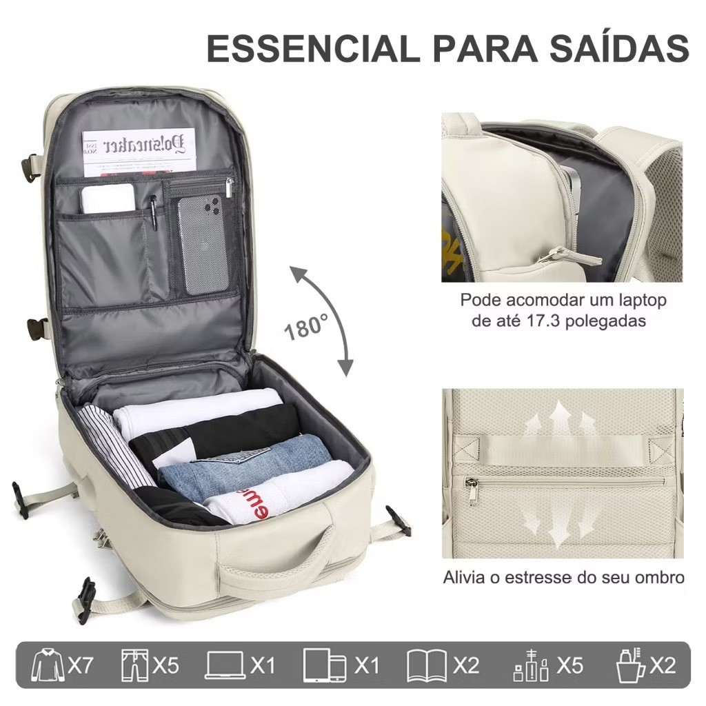 Mochila Viagem Feminina Masculinas Multifuncional Reforçada Impermeável Expansível Mochila Notebook — foto 7