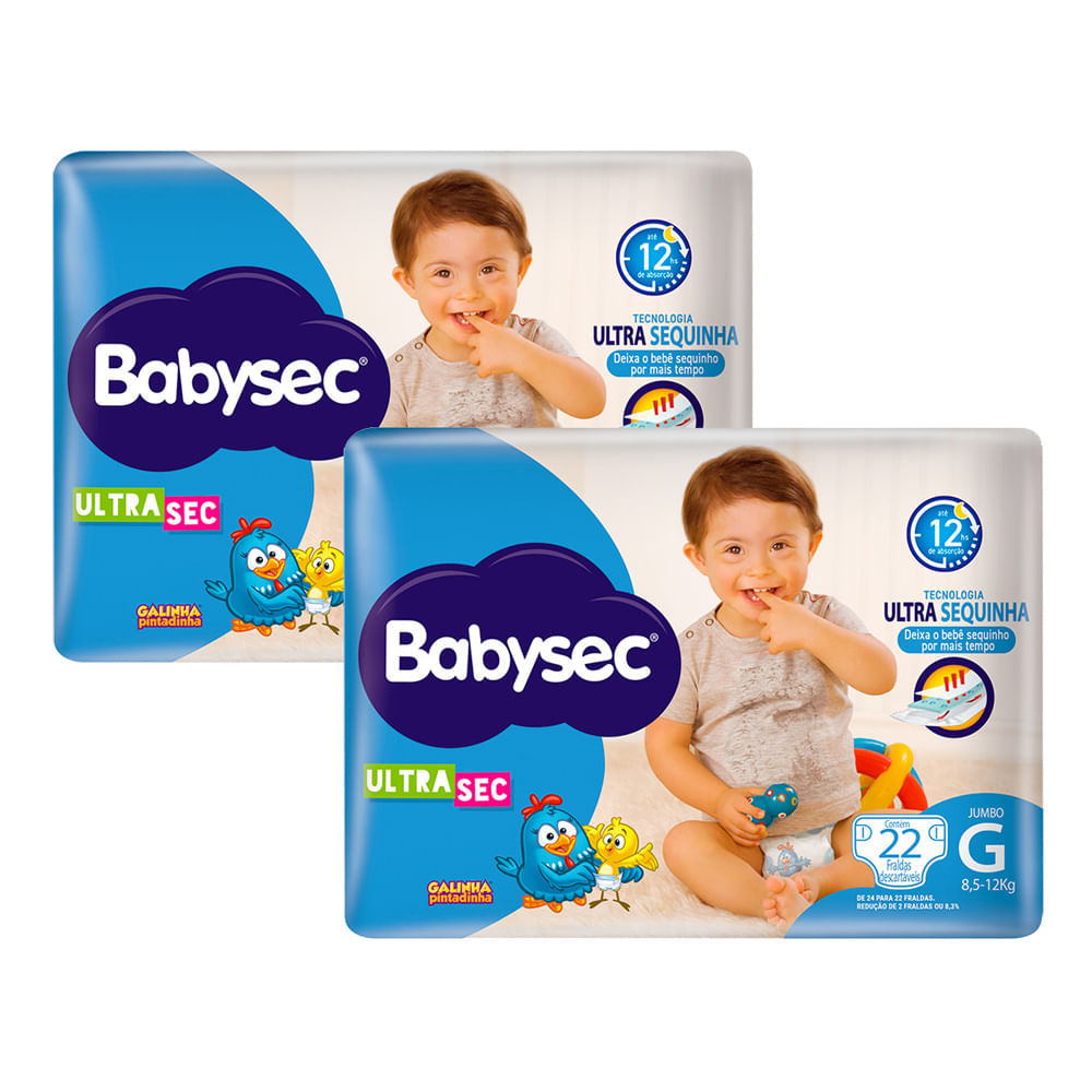 Kit 2 Fralda Babysec Ultrasec Tamanho G Pacote Jumbo 22 Unidades Descartáveis em Oferta na Shopee