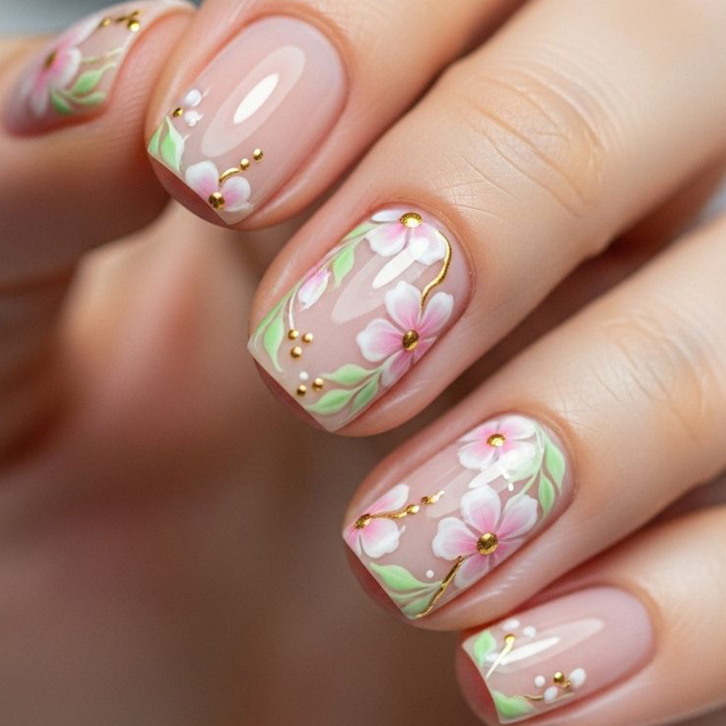 Conjunto de 24 peças de unhas postiças curtas e quadradas na cor nude, com flores em relevo, linhas douradas e decoraçõe
