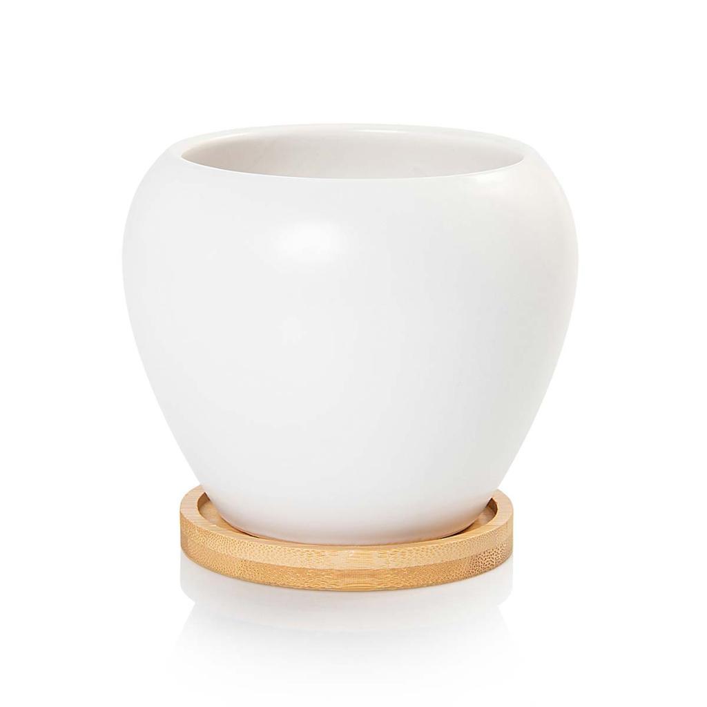 Vaso Cachepot com Prato de Bambu Branco Fosco Doha Pozzani
