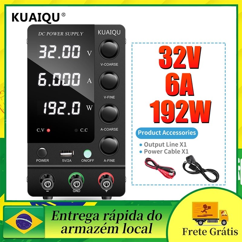 Fonte de alimentação DC variável 32V 6A KUAIQU Alimentação de bancada regulada com comutação ajustável com interruptor