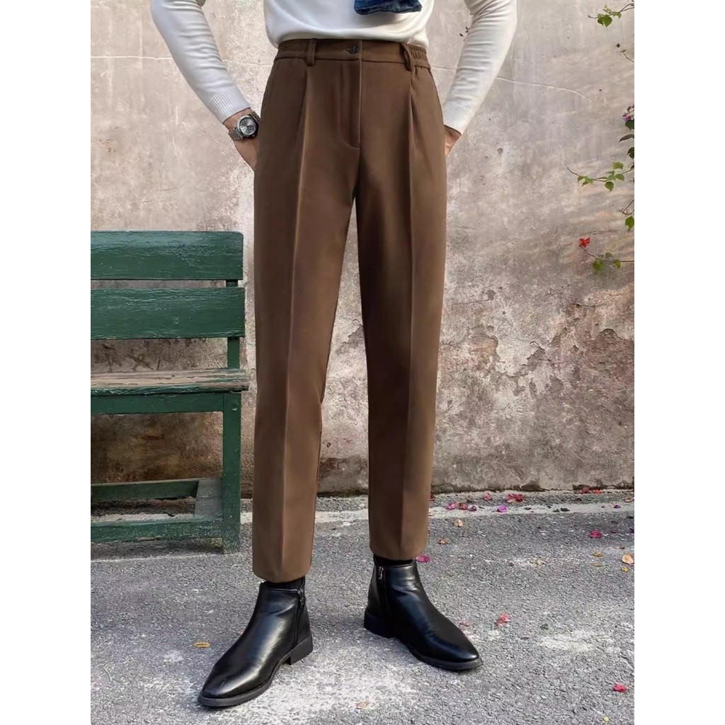 Calças de lã masculinas negócios Formal Wear Casual fino-ajuste calças magras em linha reta cintura elástica escovado ca