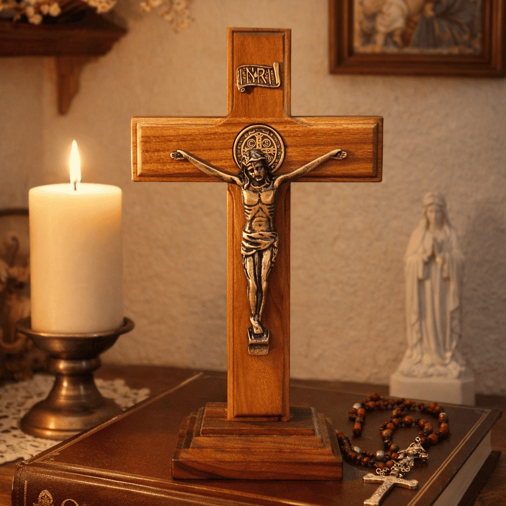 Crucifixo de Mesa e Parede Porta Madeira Maciça Cristo em Bronze Cruz Base Removível