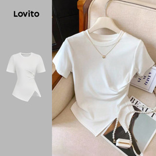 Lovito Camiseta Casual com Nó Assimétrico e Frente Dividida em Branco para Mulheres Primavera/Verão L184ED802 em Oferta na Shopee