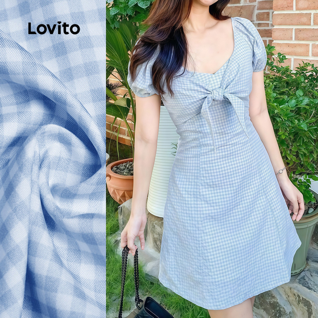 Lovito Casual Vestido Azul com Nó Primavera/verão Vestido Feminina L184ED355