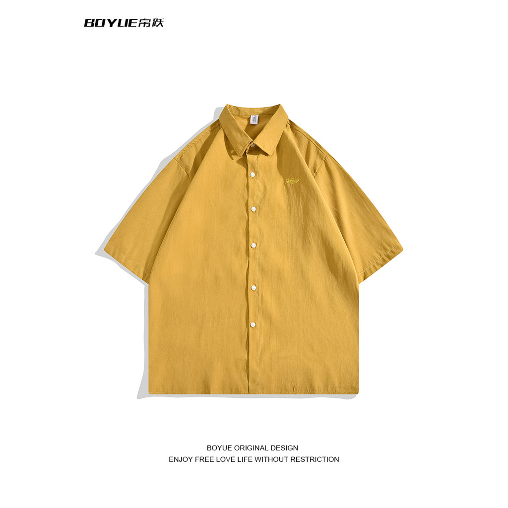 BOYUE BOYUE Camisa bordada de cor sólida verão nacional na moda retrô roupa externa estilo bf diário masculino simples c