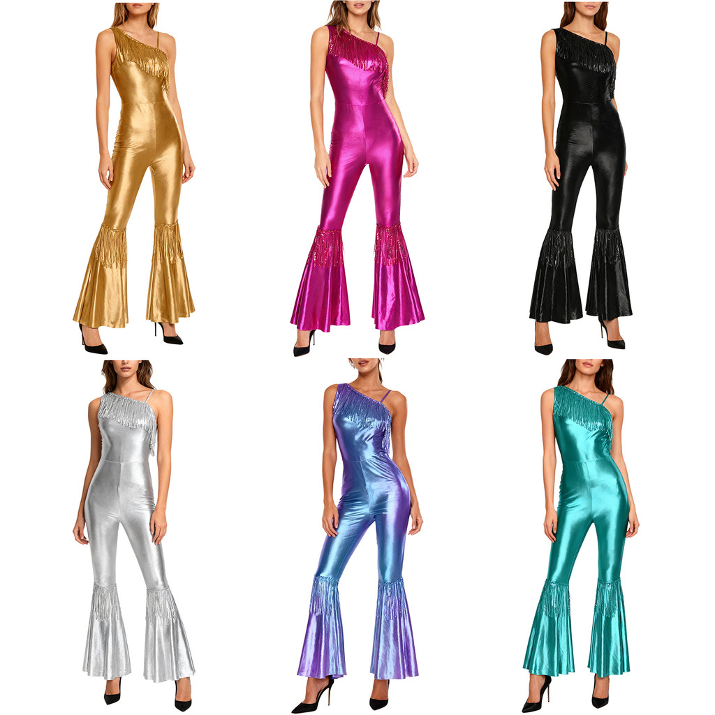 Yeahdor Macacão Feminino Vintage De Dança Discoteca Dos Anos 70 80 Com Lantejoulas E Borla , Um Ombro , Sem Mangas , Cal