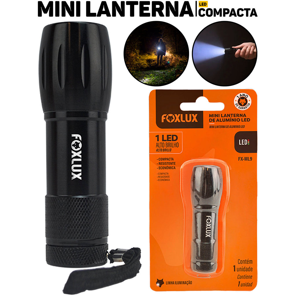 Mini Lanterna LED Foxlux Alumínio Portátil Luz Branca Emergência Carro Casa