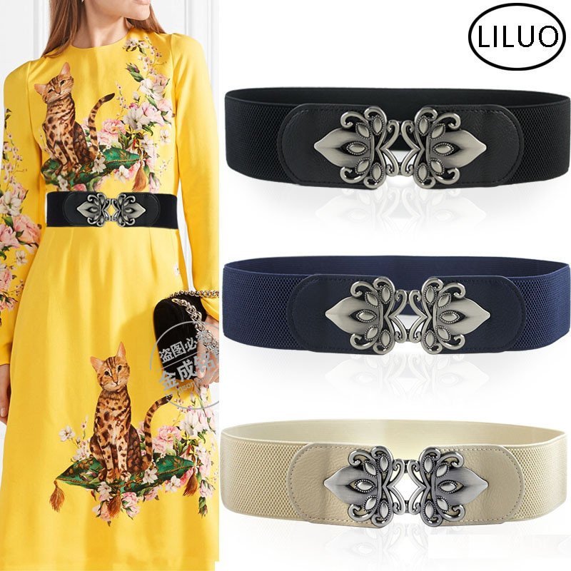 Cinto largo feminino simples e versátil, acessório decorativo para vestidos, cinta elástica preta para a cintura, cinto
