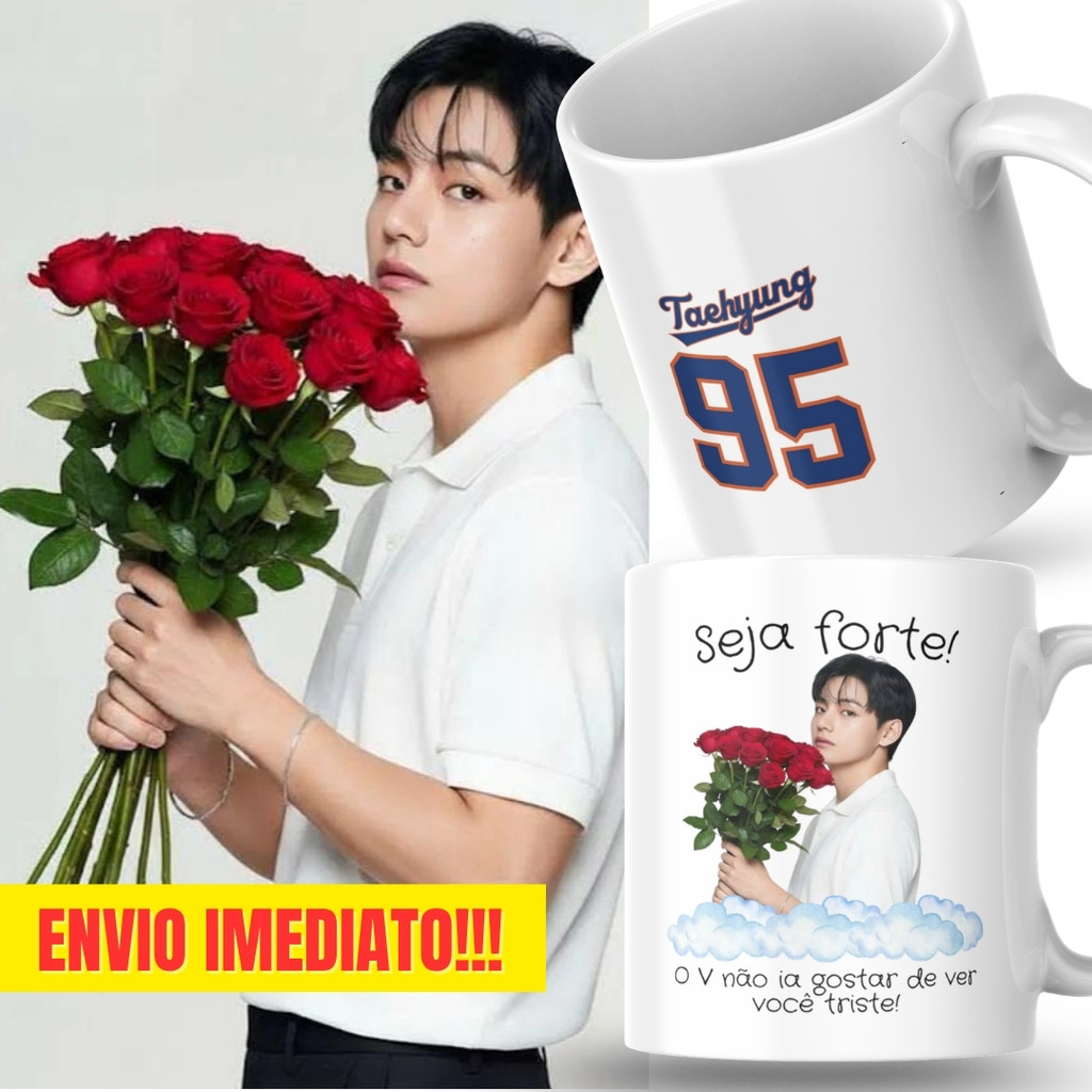 Caneca Xicara Porcelana 325ml Seja Forte V Taehyung BTS KPop Personalizada Presente Decoração Casa