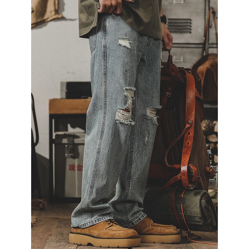 Gerino americano Retro luz-colorido Jeans masculino solto em linha reta rasgado calças casuais masculino primavera calça