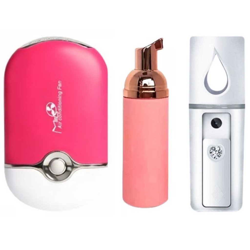 Kit Mini Ventilador + Pump Rosa Espumador + Nano Mister Vaporizador