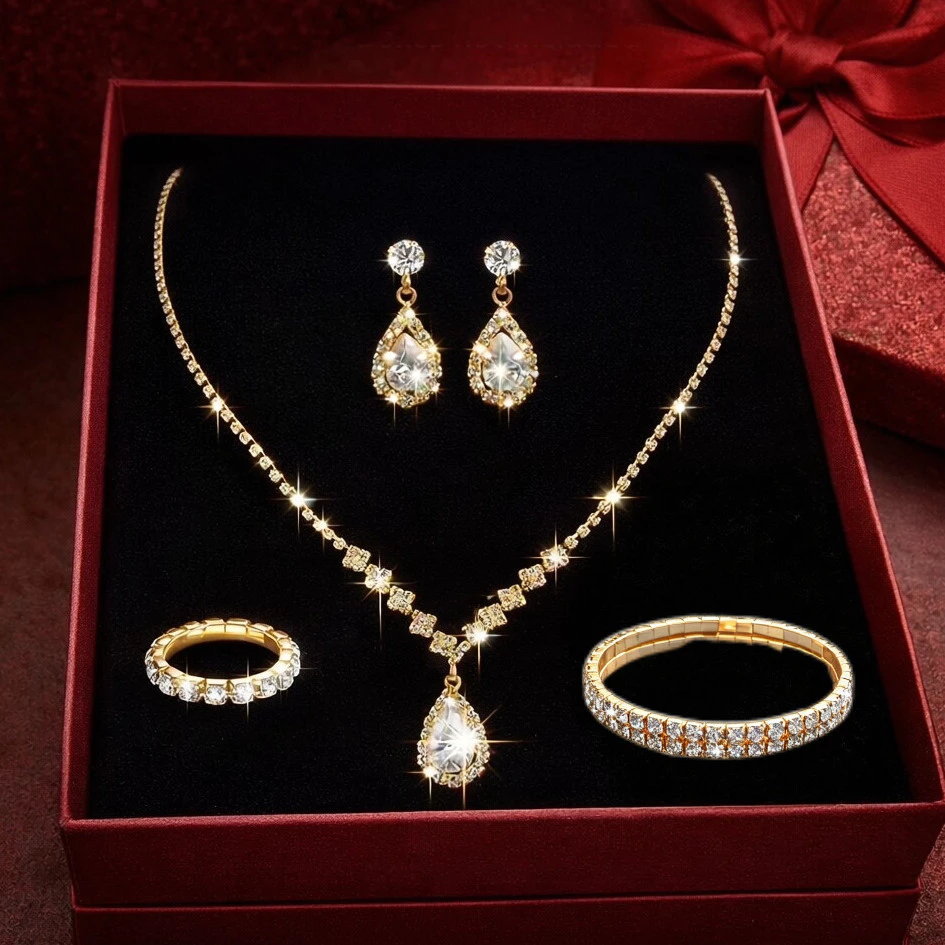Um conjunto de joias de ouro ou prata, com 3 ou 4 peças e diamantes simulados elegante e luxuoso ideal para um casamento — imagem 1