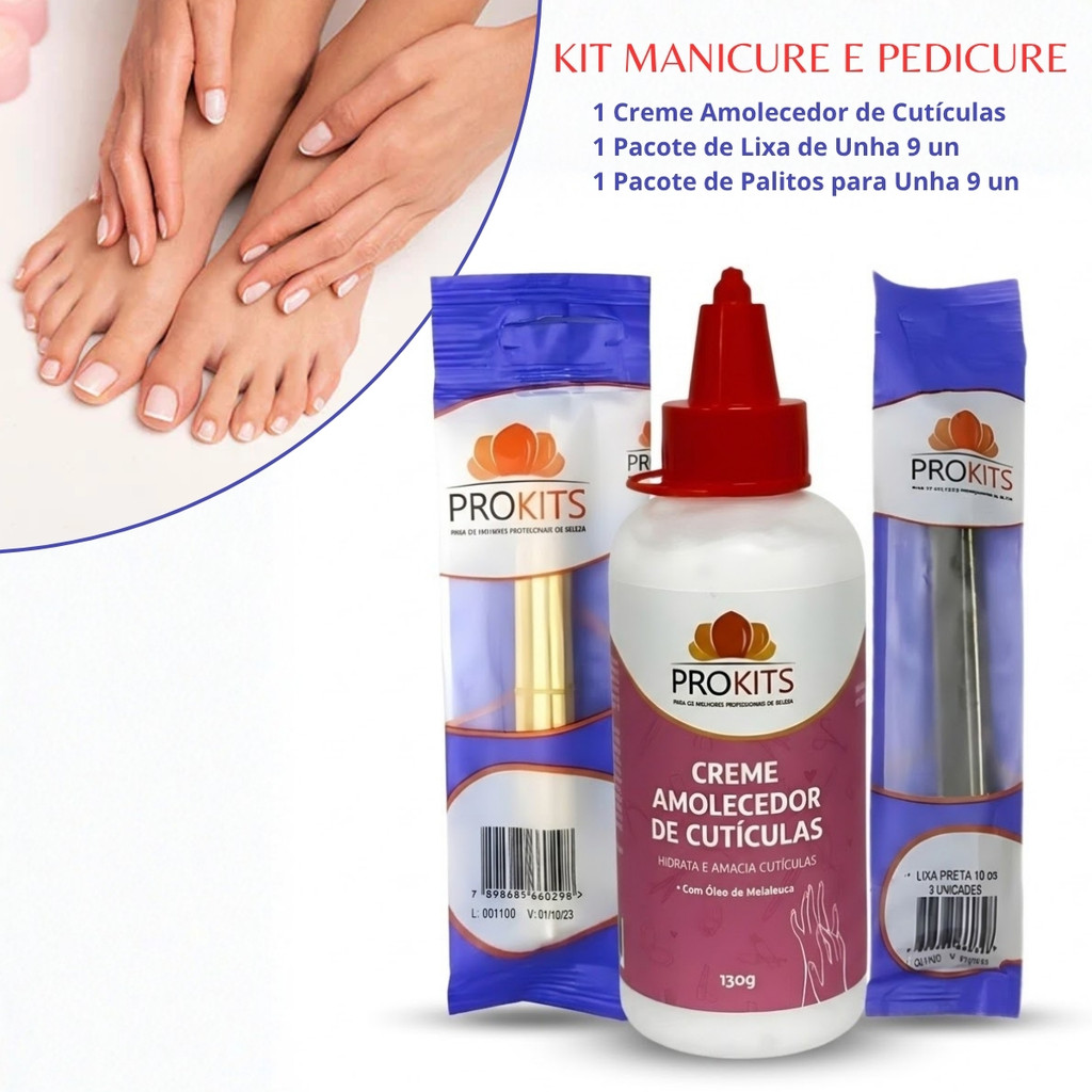 Kit Manicure Prokits Amolecedor Cutícula + 9 Lixas Preta + 3 Palitos Profissional Unhas Completo