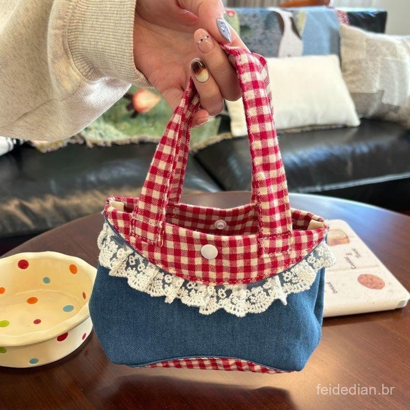 [largeloohg] Bolsa Coreana De Renda Doce Retrô Artística Jeans Xadrez Colorblock Bolsas Frescas Femininas Mini Sacolas P