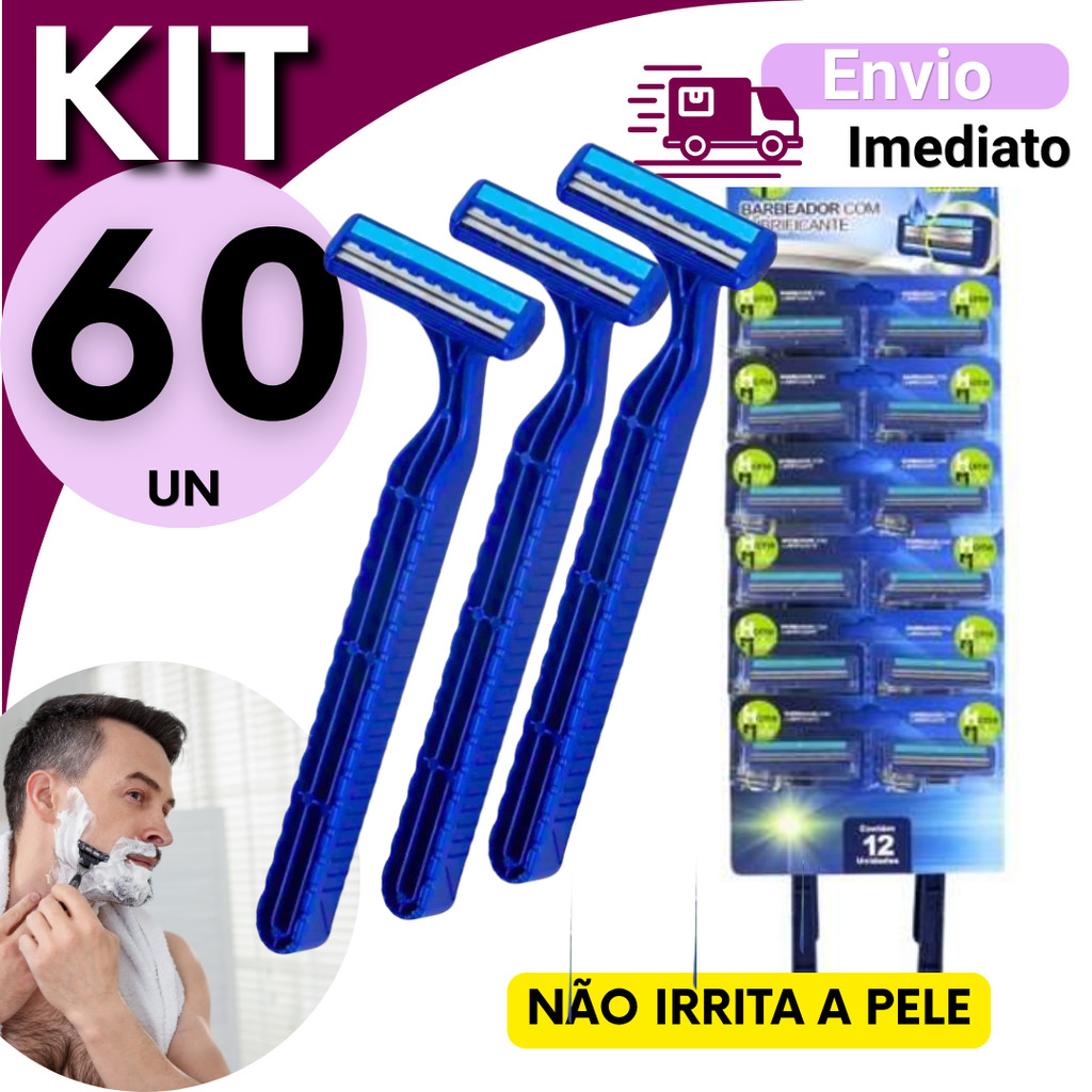 Prestobarba 2 Lâminas Descartável Kit 12, 24, 36 ou 60 Unidades Aparelho de Barbear Masculino  Barbeador Econômico