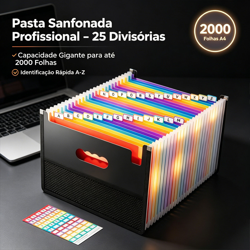 Pasta Sanfonada Organizadora 25 Divisórias Gigante A4 - Pasta Arquivo Expansível até 2000 Folhas com Etiquetas e Bolso