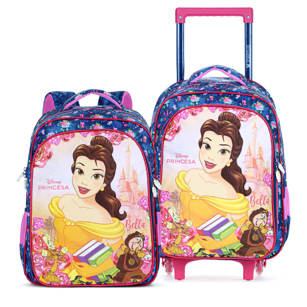 Kit Mochila Com Rodas 16 Princesa Bella + Mochila 16 Princesa Bella Escolar Xeryus Azul e Rosa - Infantil