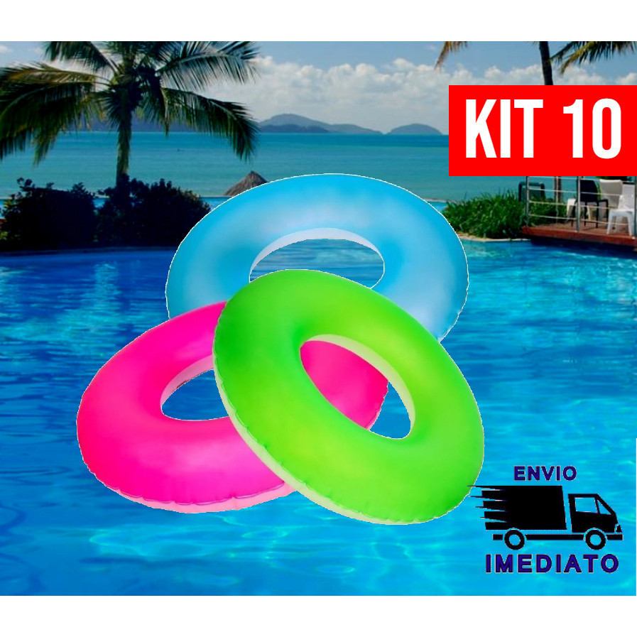 Kit 10 Bóia Inflável Circular Neon Redonda de Piscina 65cm para Criança e Adulto