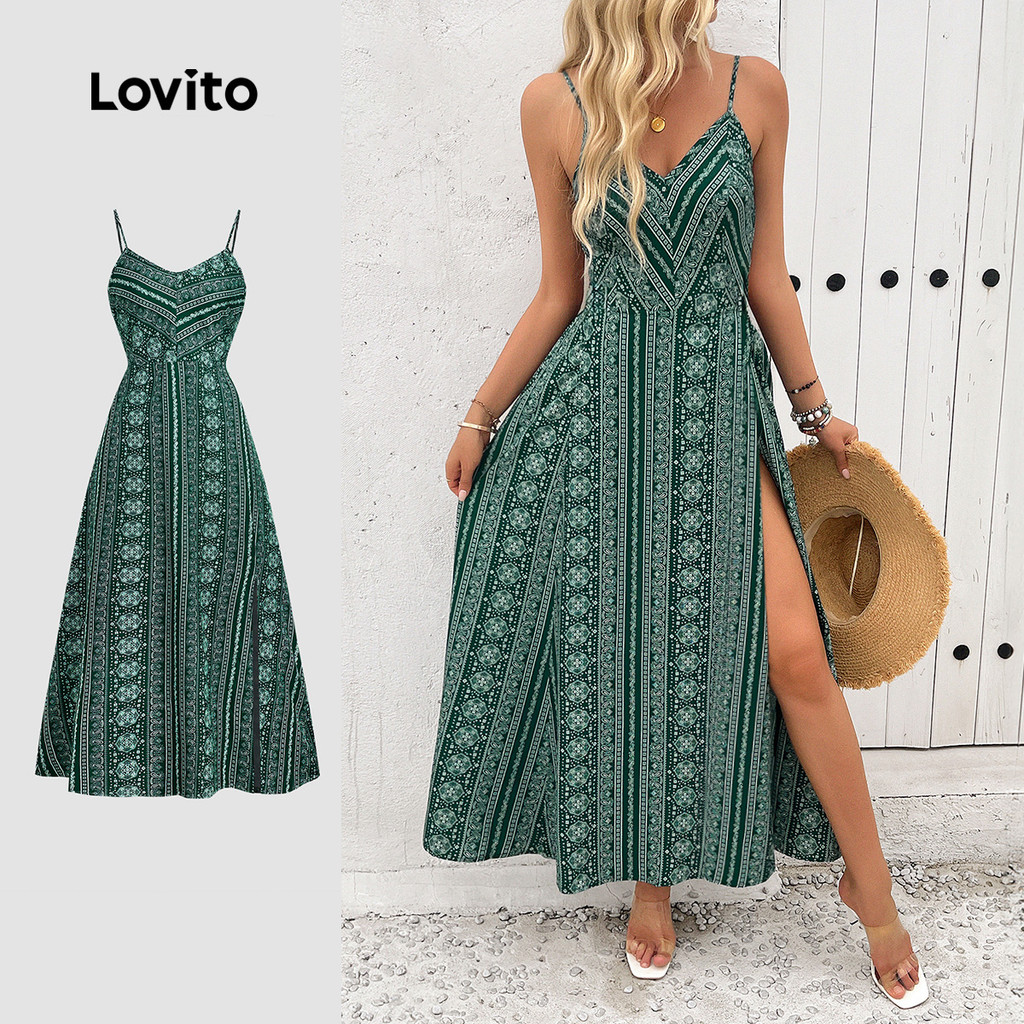 Lovito Vestido Boho Frente Aberta Primavera/verão Verde para Mulheres LBL31091 em Oferta na Shopee