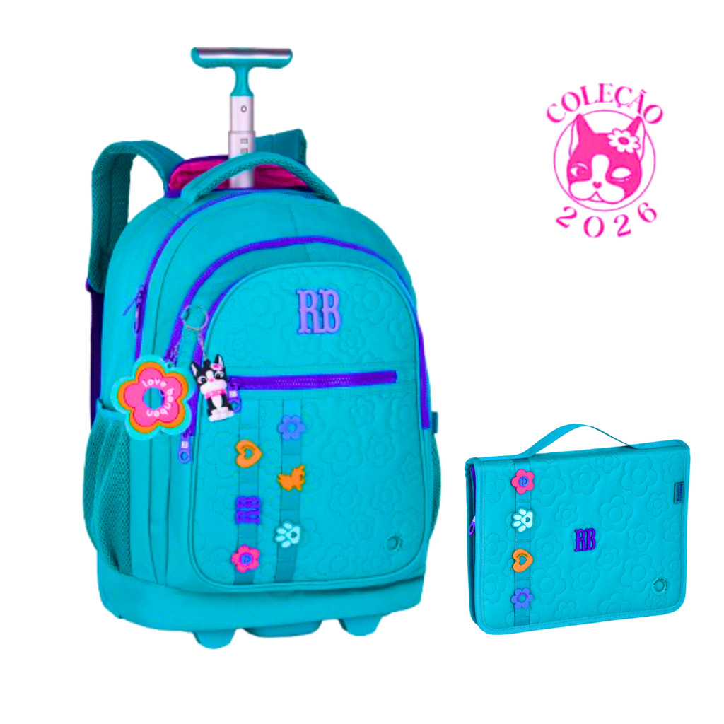 Kit Mochila de Rodinhas Com Estojo 96 Pens Rebecca Bonbon Flower Power Cor:Verde