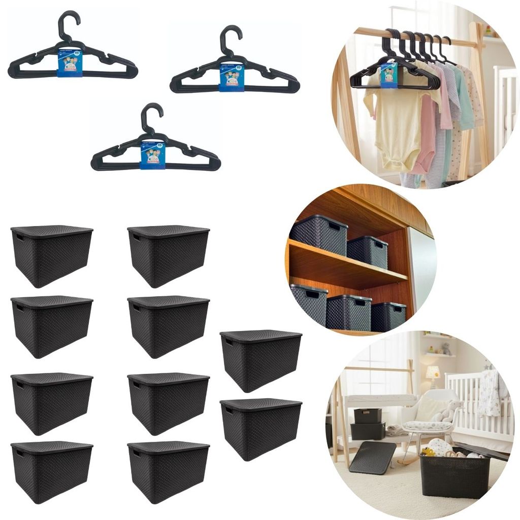 10 Caixa Organizadora 7 Litros Rattan Preta + 15 Cabides infantil