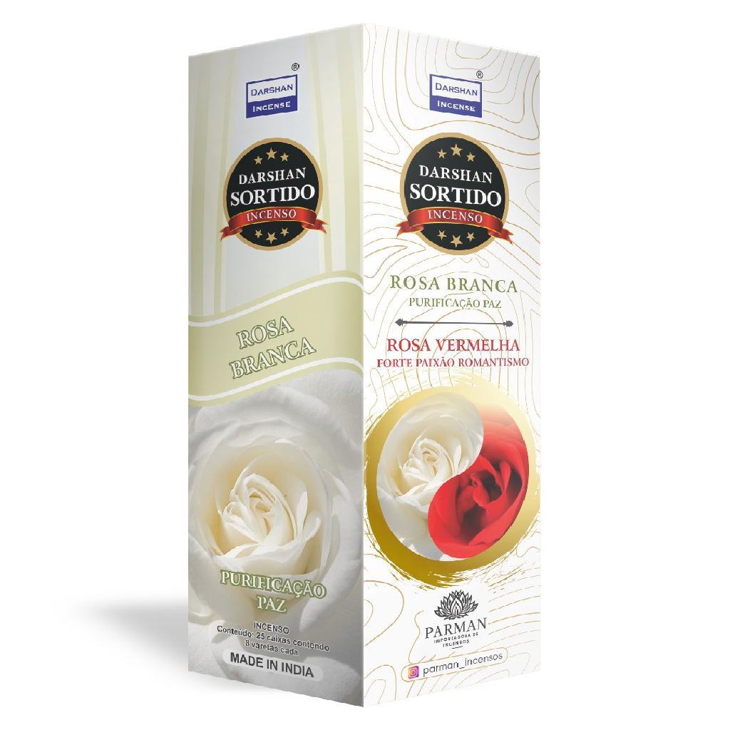Incenso Rosa Branca + Rosa Vermelha Darshan Box 25 Caixas Com 8 Varetas