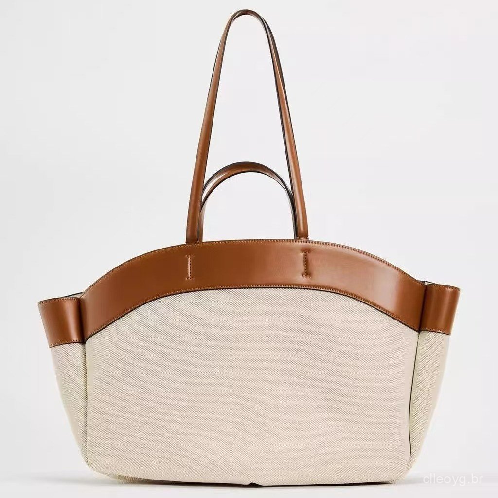 ZA casa bolsa de lona feminina 2025 costura grande capacidade commuter sacola de compras portátil bolsa de ombro commute
