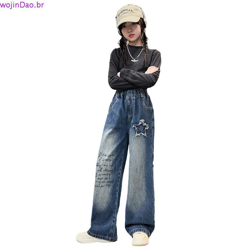 calça jeans feminina pantalona calça jeans feminina mom Meninas crianças grandes calças de perna larga primavera e out