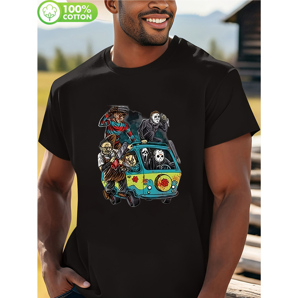 Camiseta Masculina Horror Van Colorido Personagens Gráfico Algodão Confortável Divertida Estilosa Verão