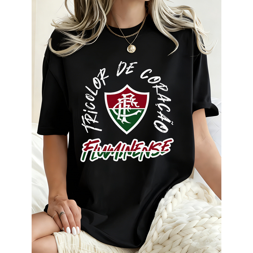 Camiseta Unissex Oversized Plus Size Feminina Masculina Camisa do Fluminense  Emblema Tricolor de Coração - Estilo